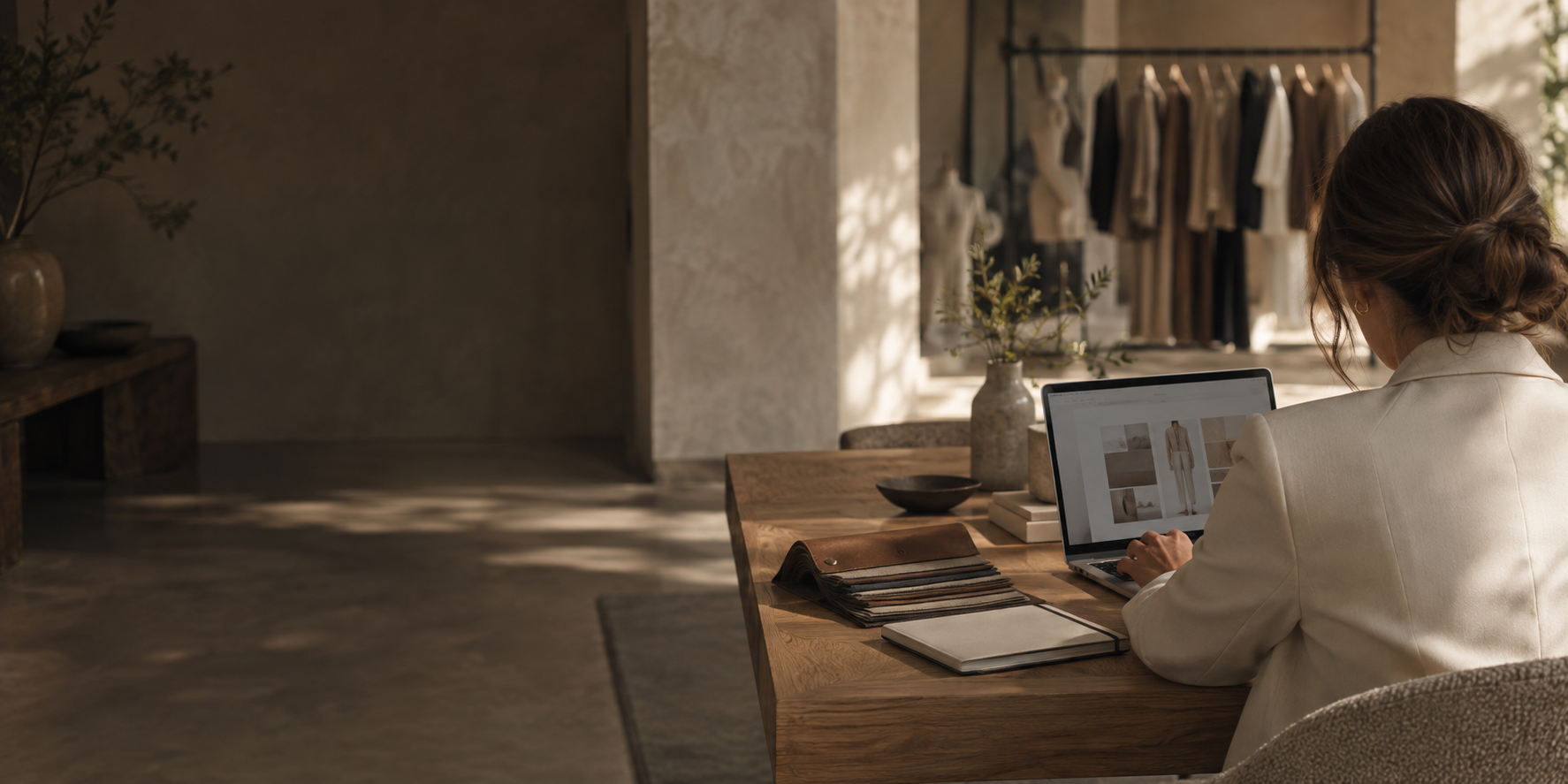 Illustrative scene of a fashion buying professional working at a laptop; not an actual company office.