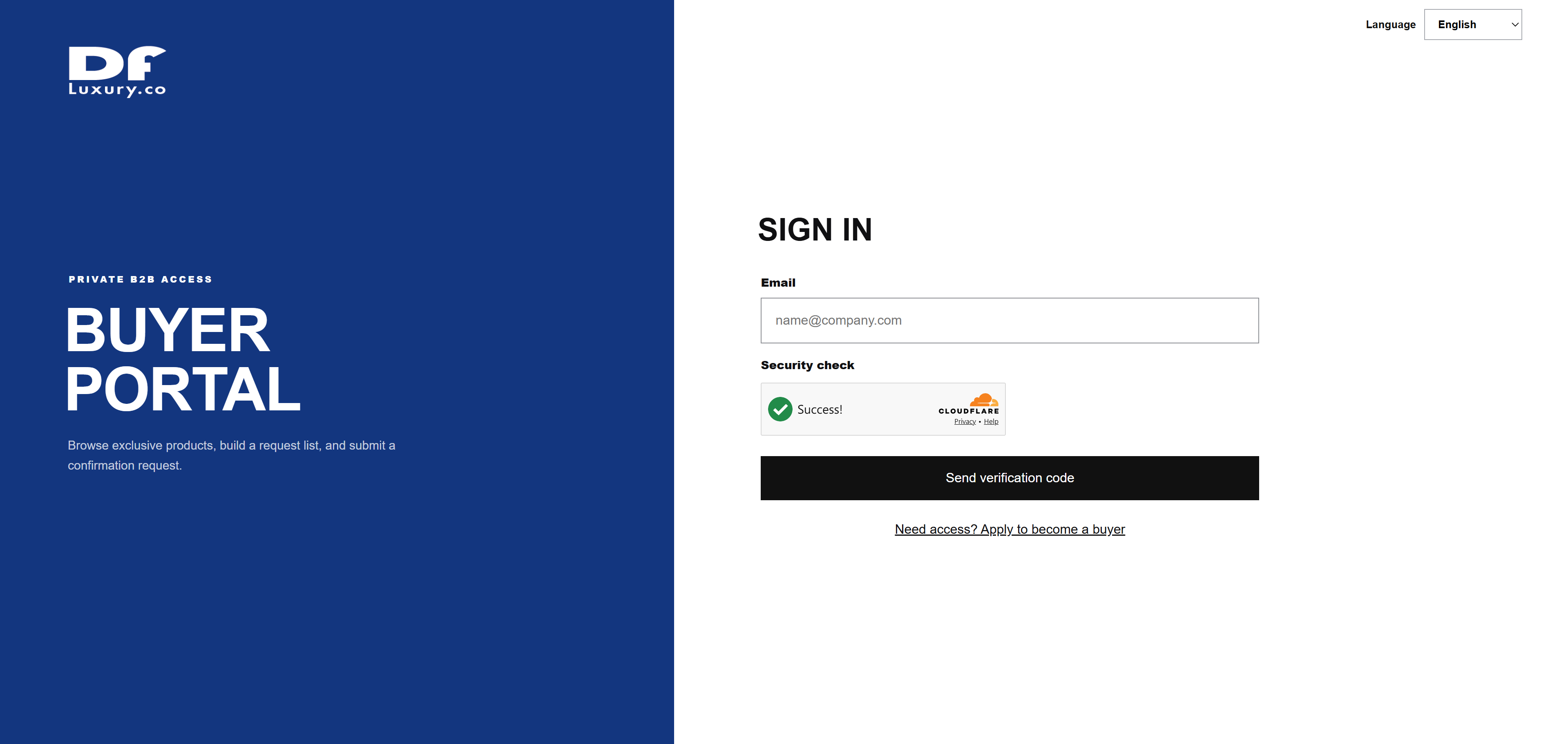 DF Luxury Buyer Portal sign-in page showing private B2B access