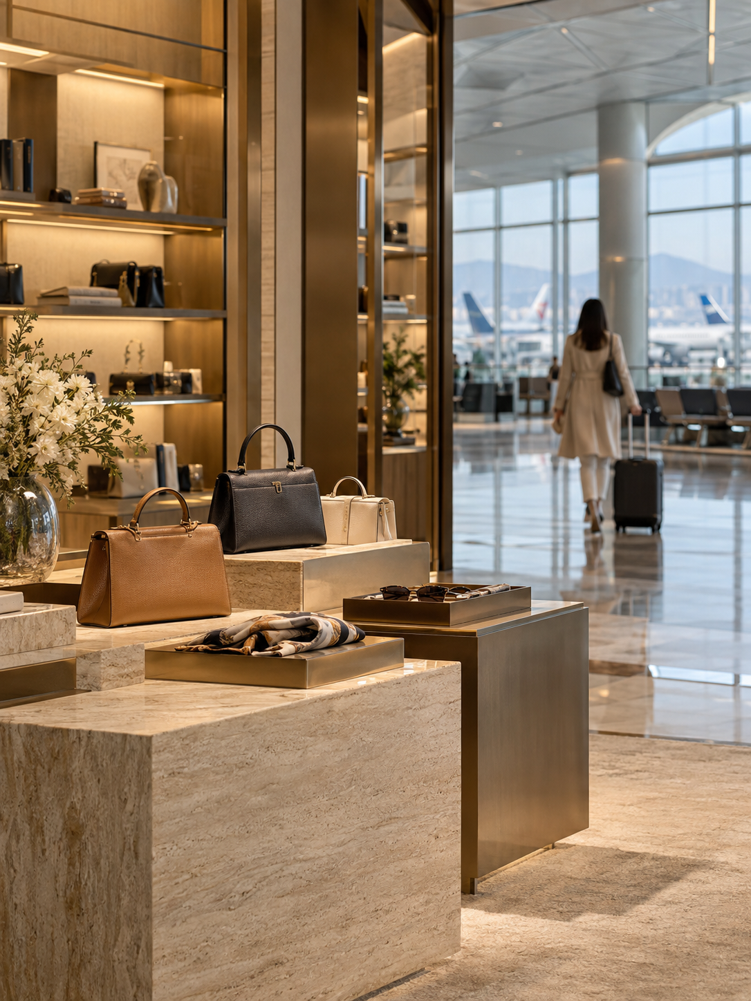 AI-generated luxury travel-retail boutique with curated accessories and an airport traveler